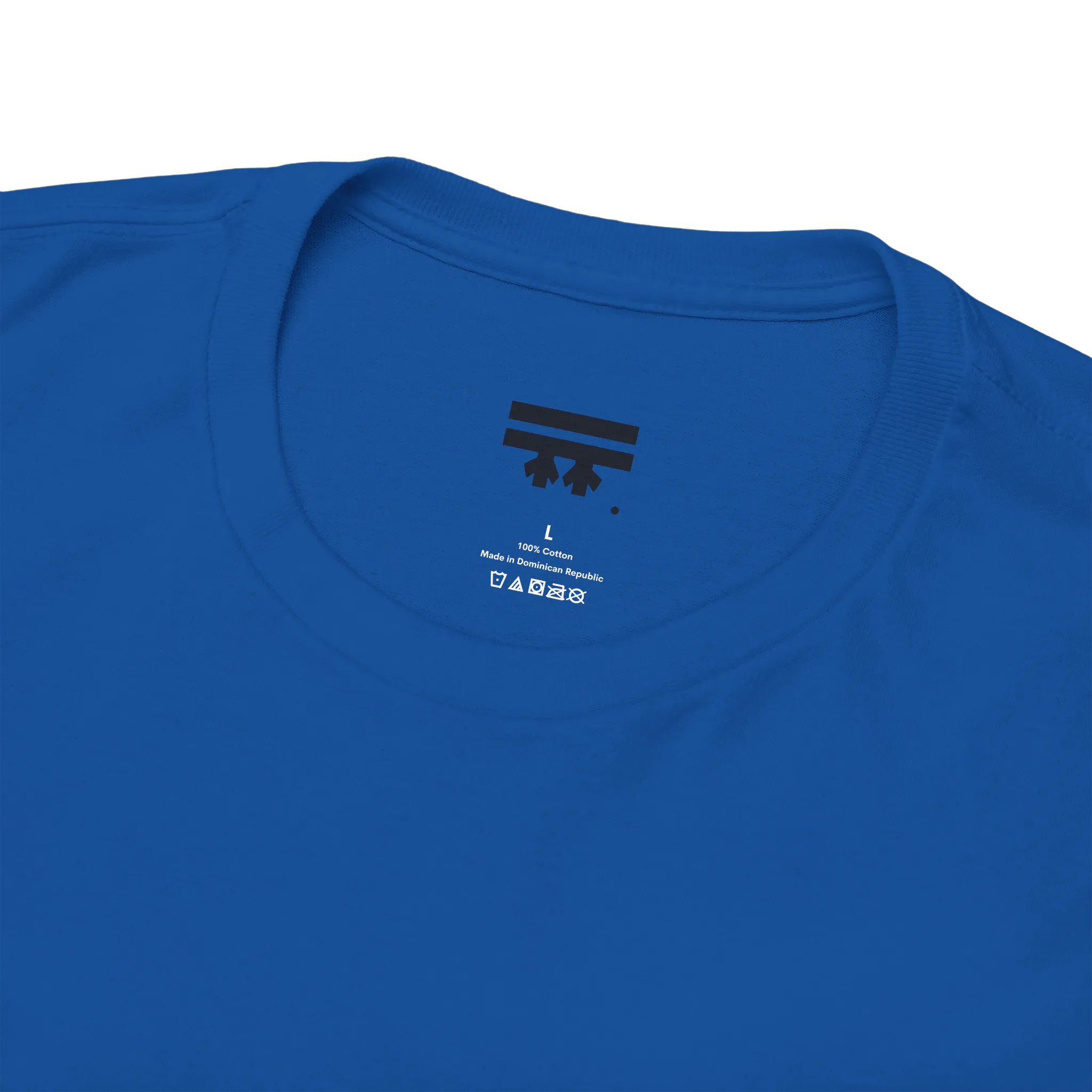 Freedom! Rainbow Script Essential T-Shirt, royal blue, FREEBRD inner tag detail.