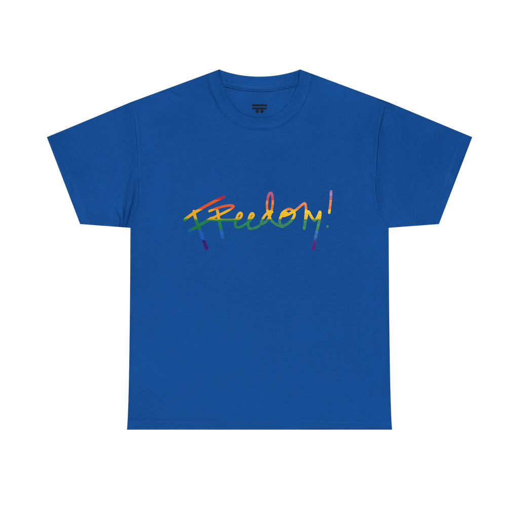 Freedom! Rainbow Script Essential T-Shirt, royal blue, rainbow script graphic, front view, FREEBRD Pride Gear.