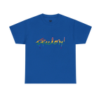Freedom! Rainbow Script Essential T-Shirt, royal blue, rainbow script graphic, front view, FREEBRD Pride Gear.