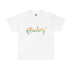 Freedom! Rainbow Script Essential T-Shirt, white, rainbow script graphic, front view.