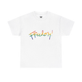 Freedom! Rainbow Script Essential T-Shirt, white, rainbow script graphic, front view, FREEBRD Pride Gear.