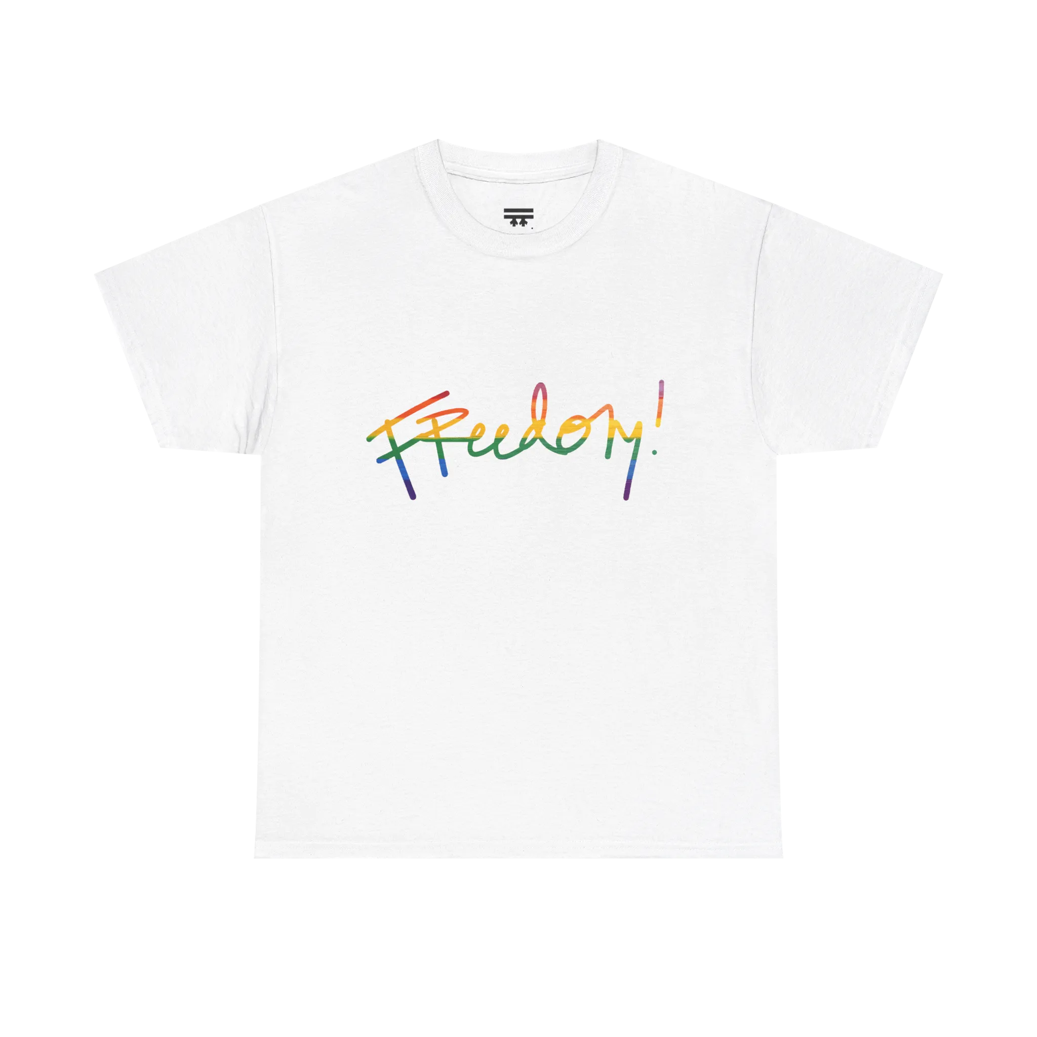 Freedom! Rainbow Script Essential T-Shirt, white, rainbow script graphic, front view, FREEBRD Pride Gear.