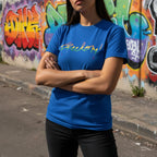 Freedom! Rainbow Script Premium T-Shirt, royal blue, urban graffiti wall, editorial street style,  lifestyle.
