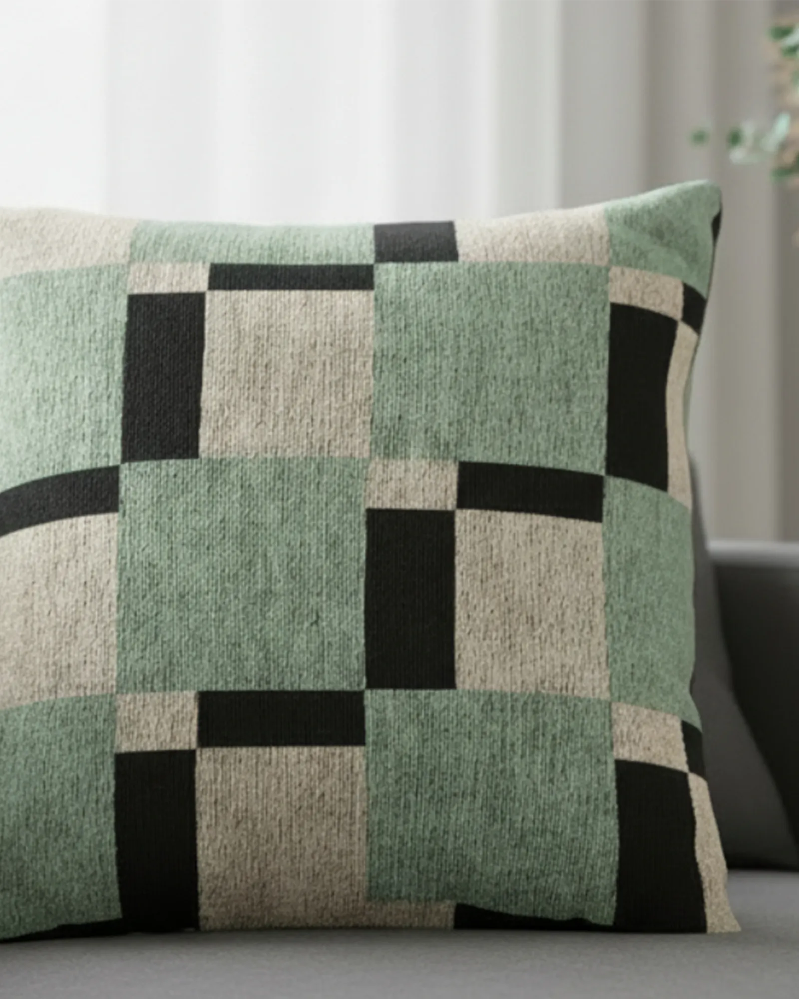 A preview of the Fresh Green Carbon Floater Checker Woven Pillow showing fresh green checker squares floating above carbon fiber black checker squares on an oatmeal cream background on a dark grey couch with window lighting. 