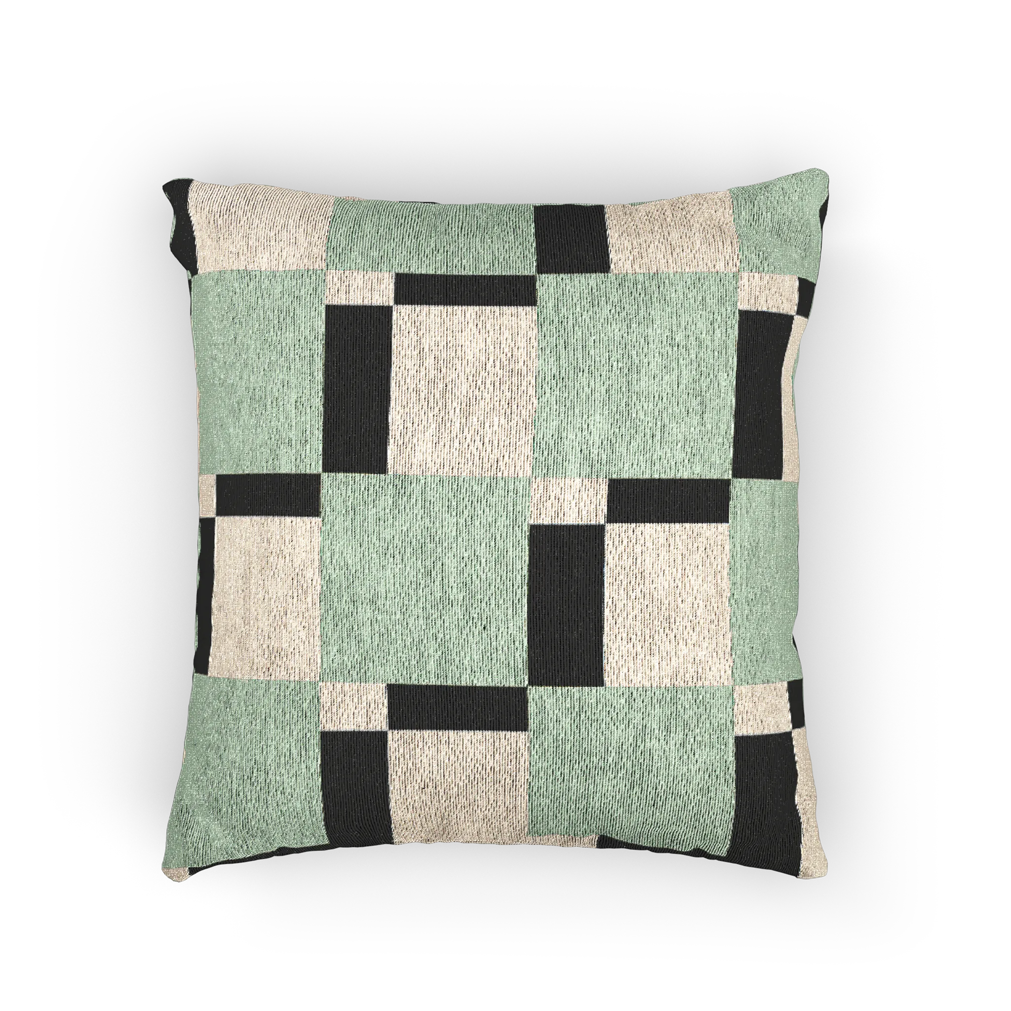 A front preview of the Fresh Green Carbon Floater Checker Woven Pillow showing fresh green checker squares floating above carbon fiber black checker squares on an oatmeal cream background. 