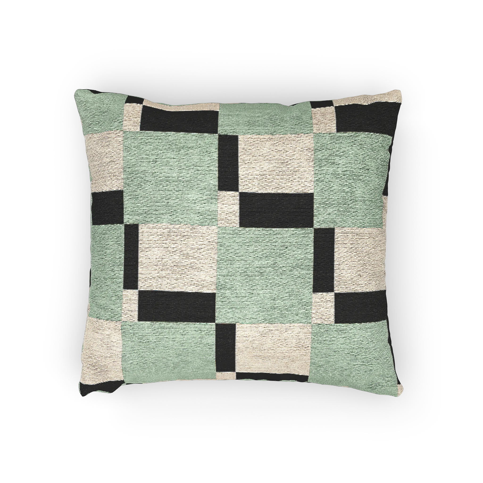 A horizontal preview of the Fresh Green Carbon Floater Checker Woven Pillow showing fresh green checker squares floating above carbon fiber black checker squares on an oatmeal cream background. 