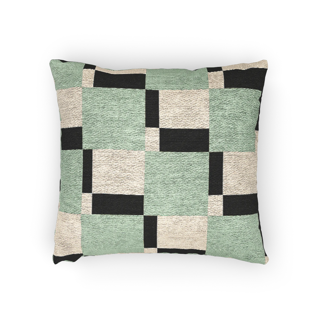 A horizontal view of the Fresh Green Carbon Floater Checker Woven Pillow showing fresh green checker squares floating above carbon fiber black checker squares on an oatmeal cream background. 