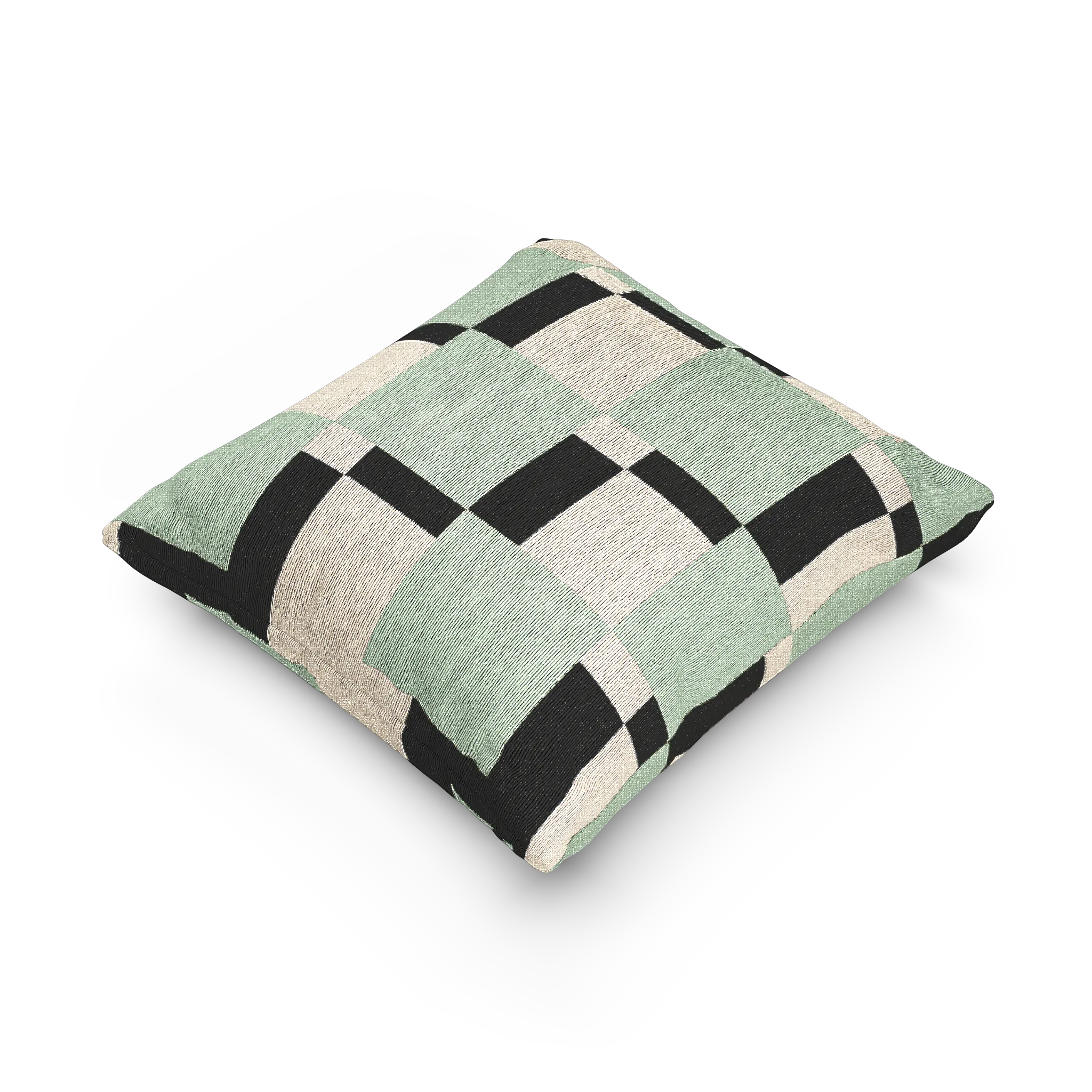 A side preview of the Fresh Green Carbon Floater Checker Woven Pillow showing fresh green checker squares floating above carbon fiber black checker squares on an oatmeal cream background. 
