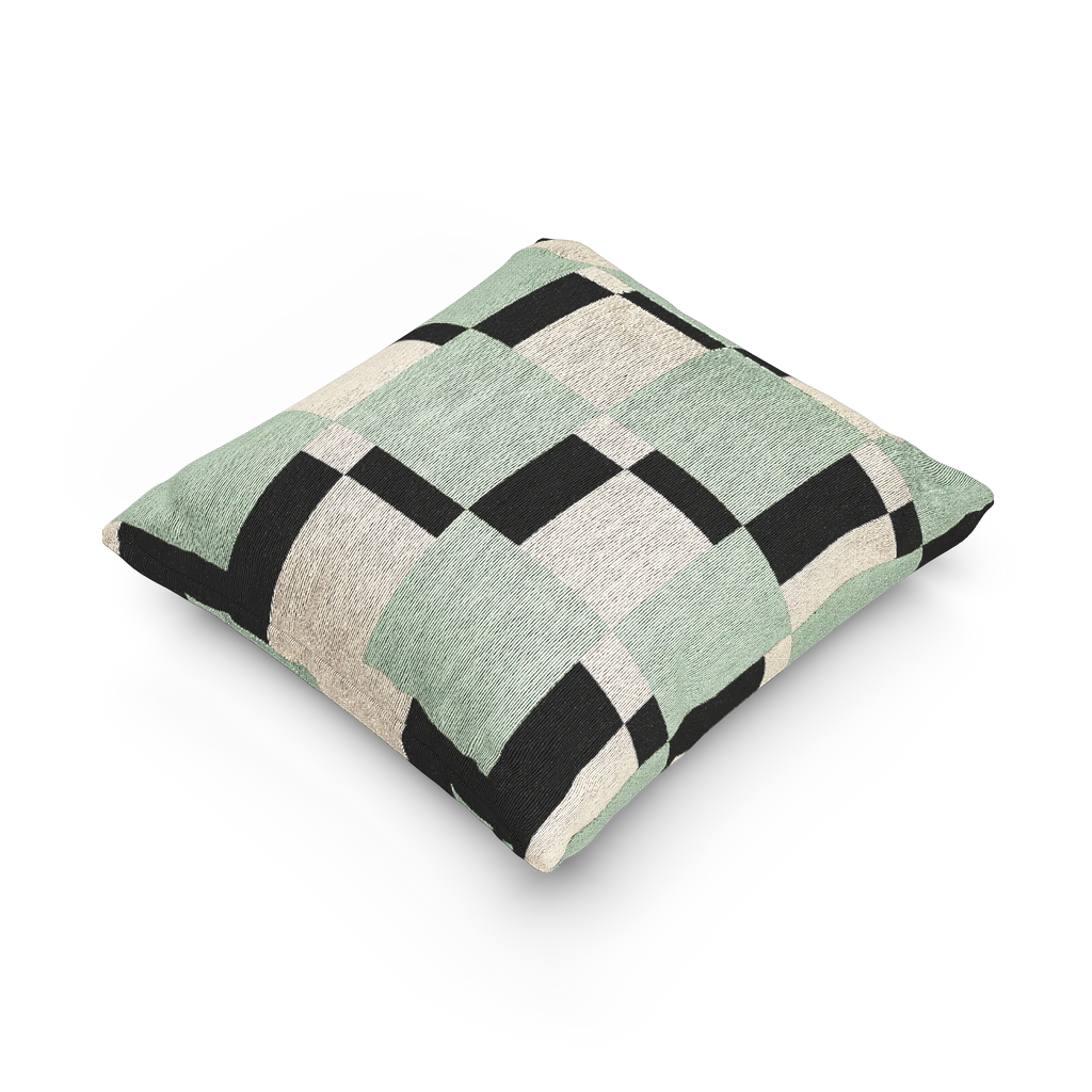 A side view of the Fresh Green Carbon Floater Checker Woven Pillow showing fresh green checker squares floating above carbon fiber black checker squares on an oatmeal cream background. 