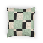 A back view of the Fresh Green Carbon Floater Checker Woven Pillow showing fresh green checker squares floating above carbon fiber black checker squares on an oatmeal cream background. 