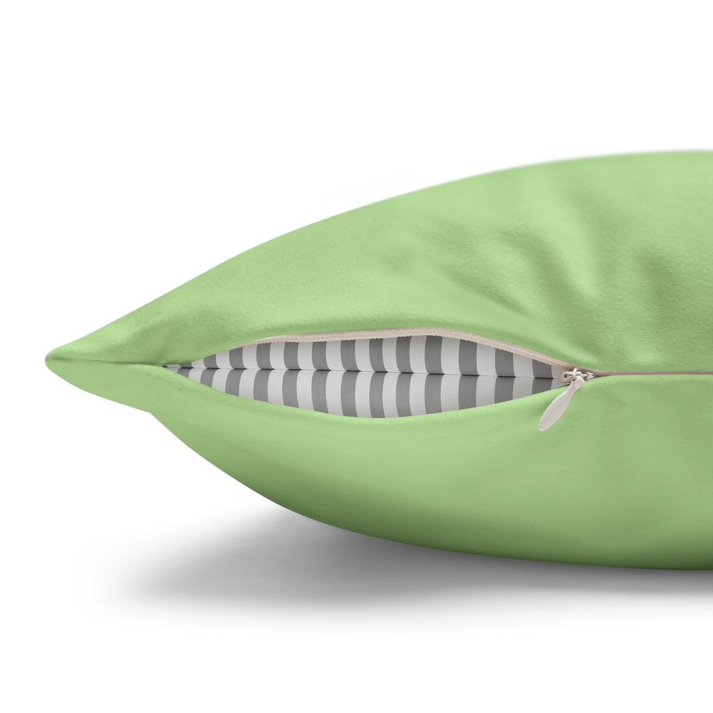 Fresh green faux suede pillowcase, zipper view.