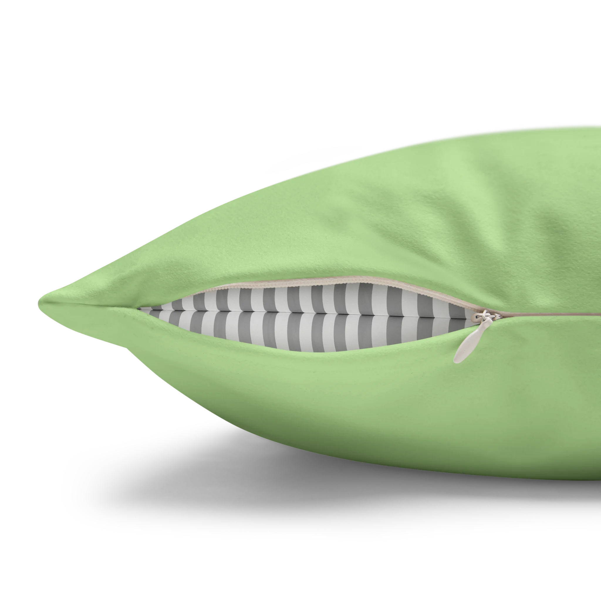 Fresh green faux suede pillow case, zipper view.