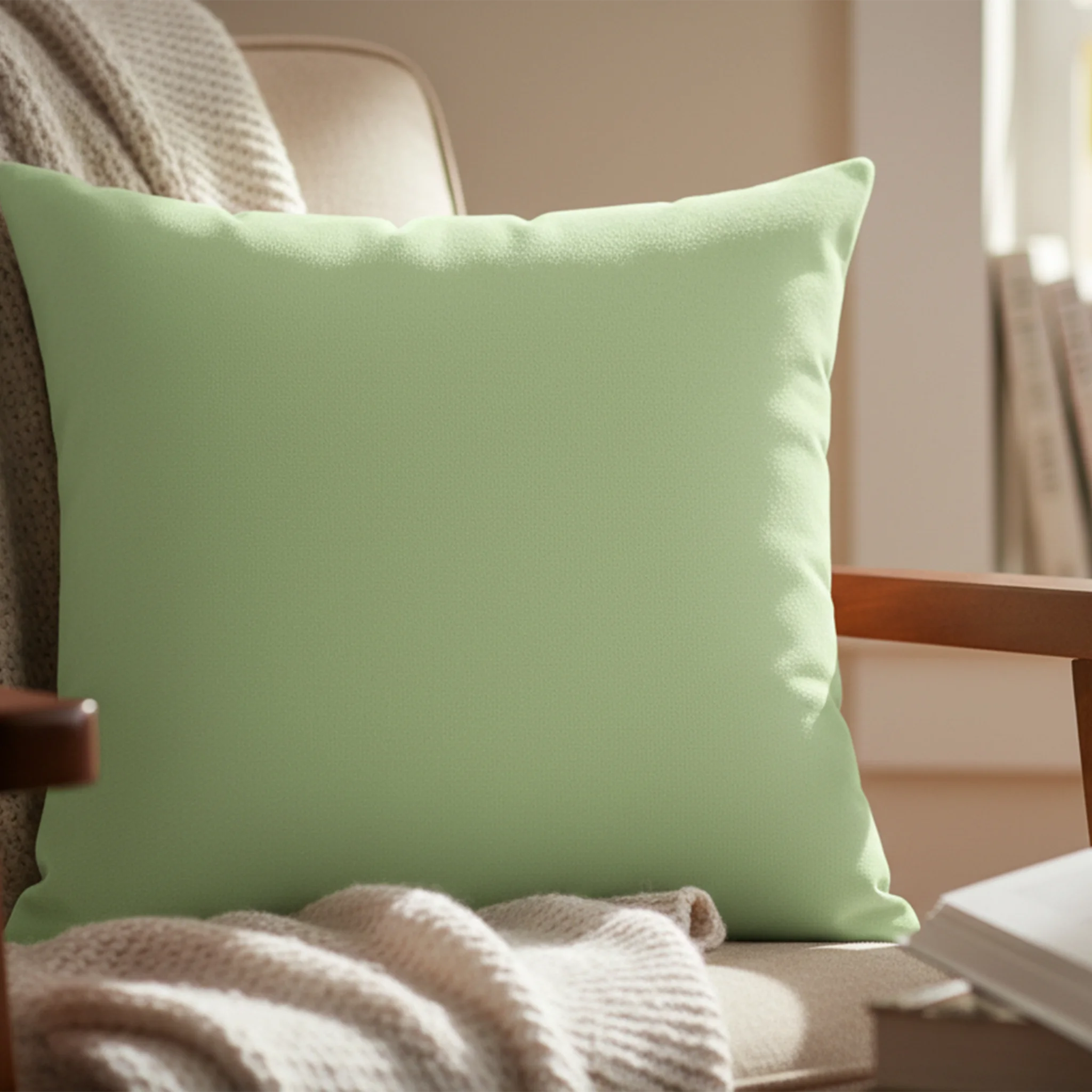 Fresh green faux suede throw pillow, styled in a wooden armchair, botanical cool toned, light green home decor.