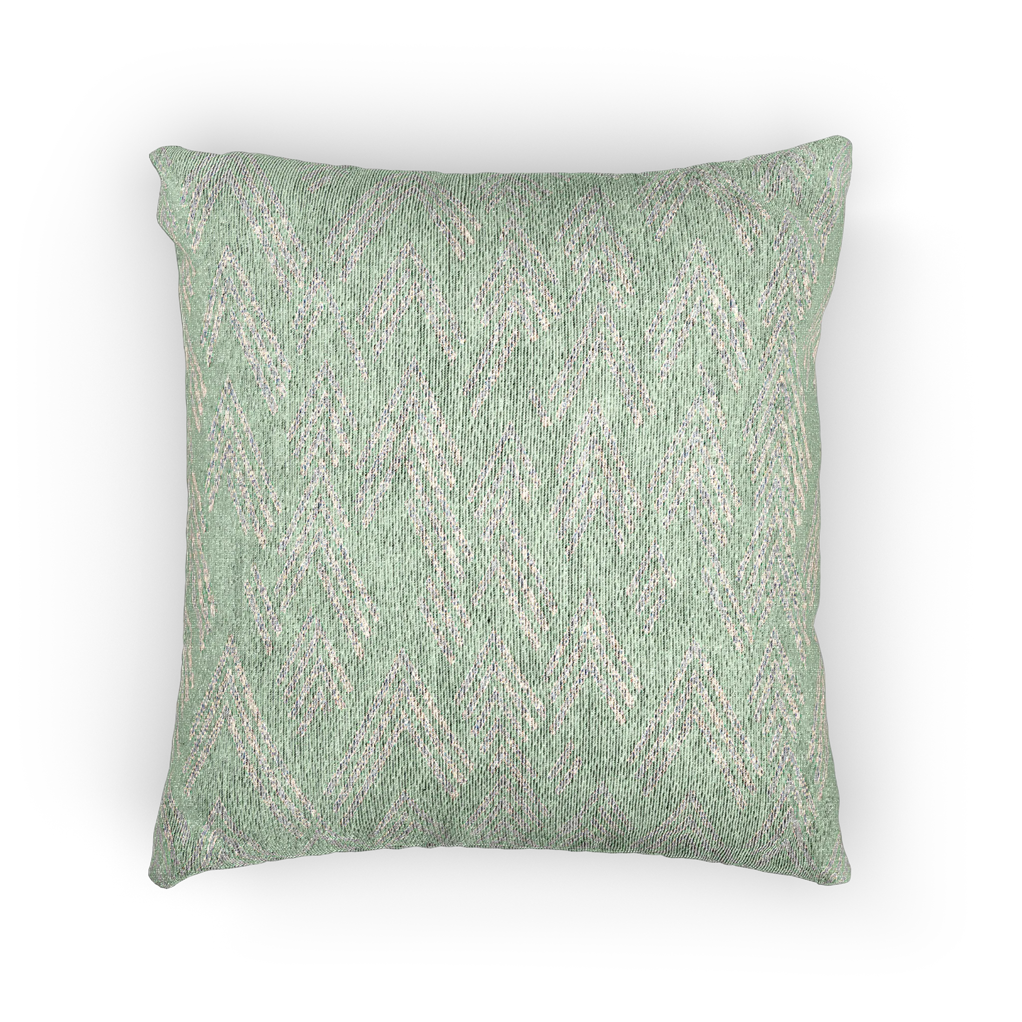 A back preview of the Fresh Green Mint Ikat Woven Pillow showing a fresh green background and ivory white chevron ikat styled lines.