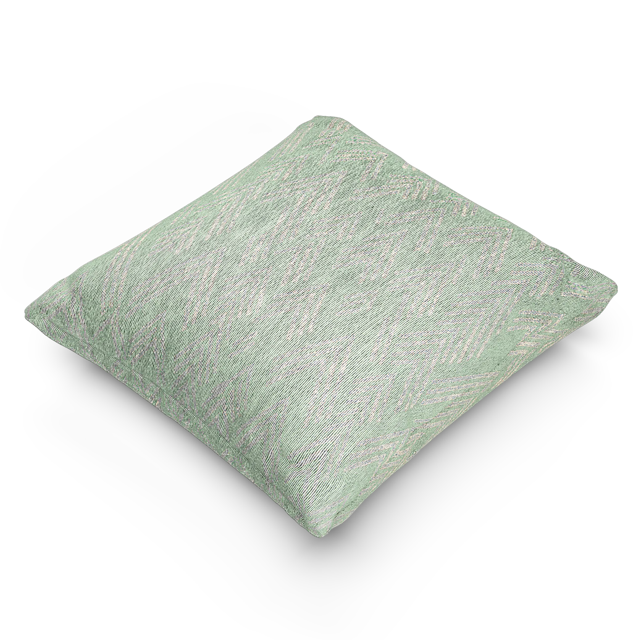A side preview of the Fresh Green Mint Ikat Woven Pillow showing a fresh green background and ivory white chevron ikat styled lines.