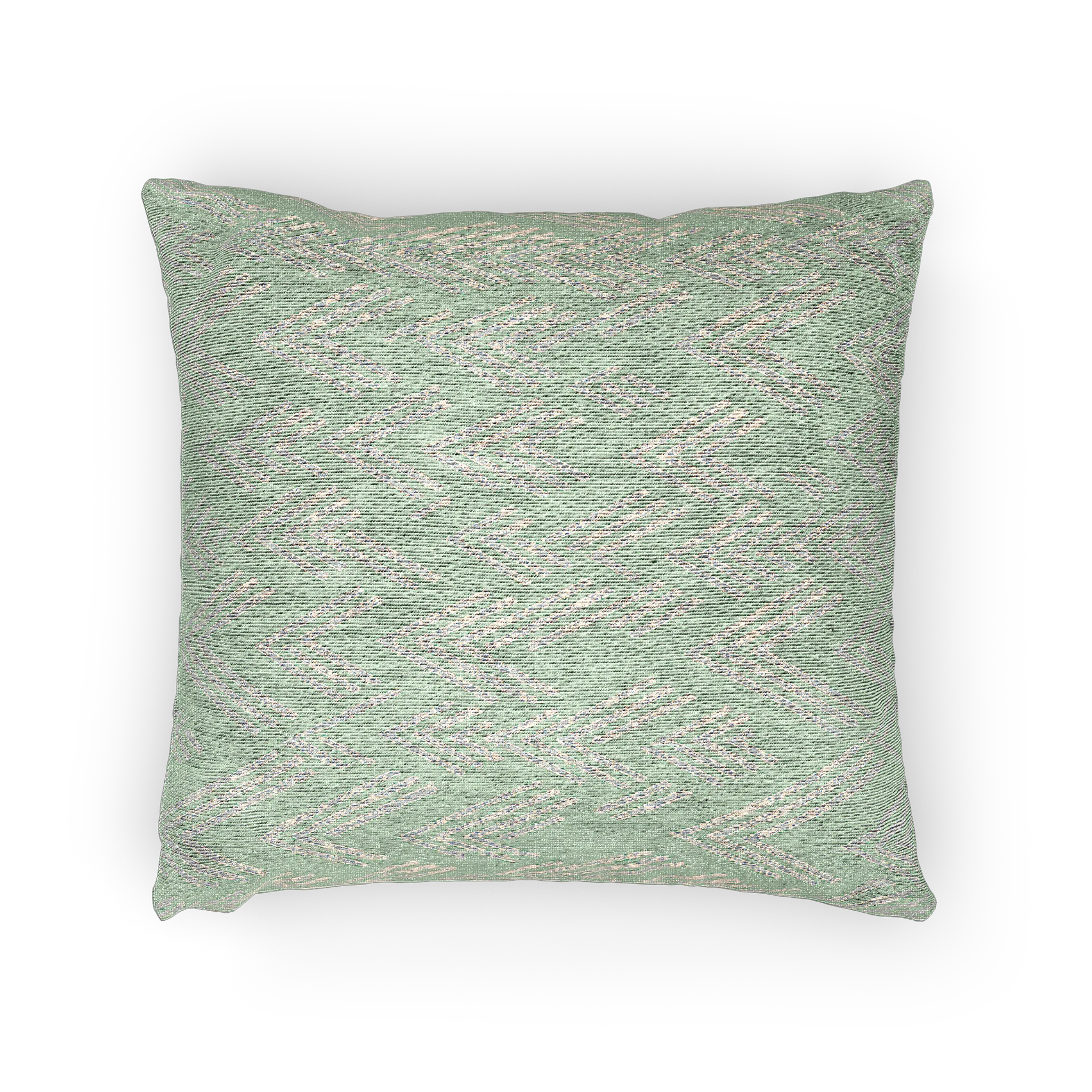 A horizontal preview of the Fresh Green Mint Ikat Woven Pillow showing a fresh green background and ivory white chevron ikat styled lines.