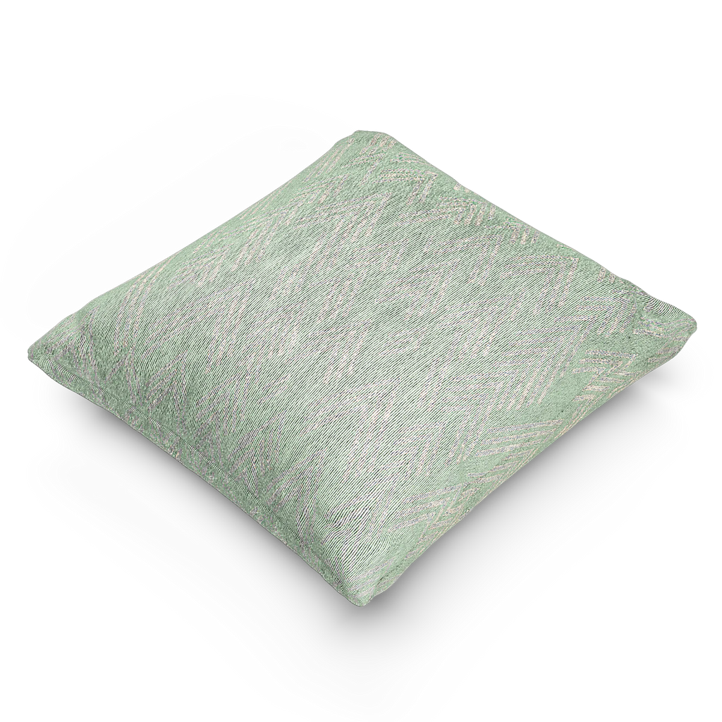 A side view of the Fresh Green Mint Ikat Woven Pillow showing a fresh green background and ivory white chevron ikat styled lines.