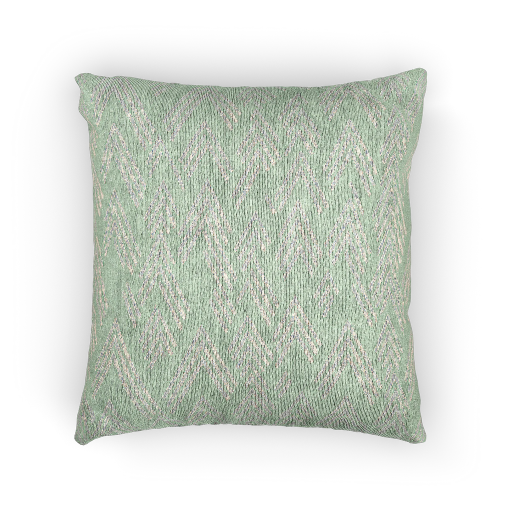 A front view of the Fresh Green Mint Ikat Woven Pillow showing a fresh green background and ivory white chevron ikat styled lines.