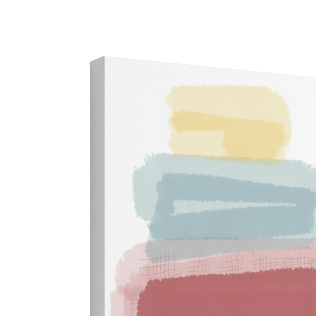Side profile depth shot of Freebrd "Geo Req" unframed minimalist canvas art, 30x40 vertical, showcasing 1.25" thick gallery-wrap canvas edge with white-wrapped sides and soft pastel stacked geometric forms in butter yellow, danish blue and dusty rose.