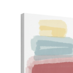 Side profile depth shot of Freebrd "Geo Req" unframed minimalist canvas art, 30x40 vertical, showcasing 1.25" thick gallery-wrap canvas edge with white-wrapped sides and soft pastel stacked geometric forms in butter yellow, danish blue and dusty rose.
