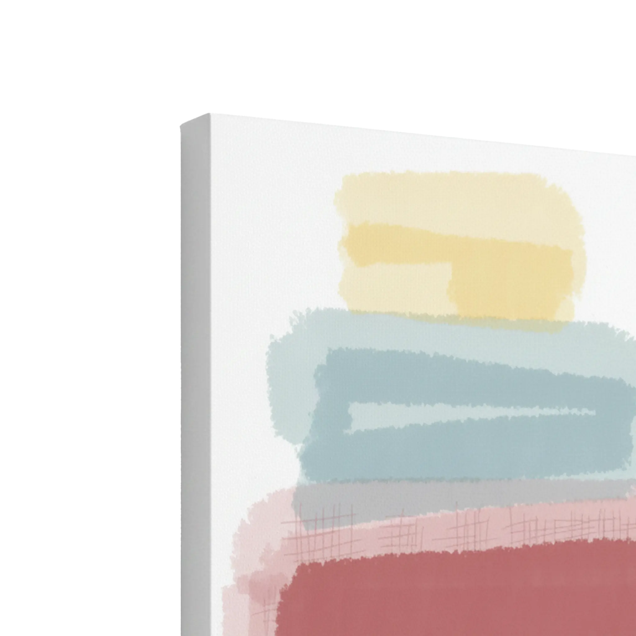 Side profile depth shot of Freebrd "Geo Req" unframed minimalist canvas art, 30x40 vertical, showcasing 1.25" thick gallery-wrap canvas edge with white-wrapped sides and soft pastel stacked geometric forms in butter yellow, danish blue and dusty rose.