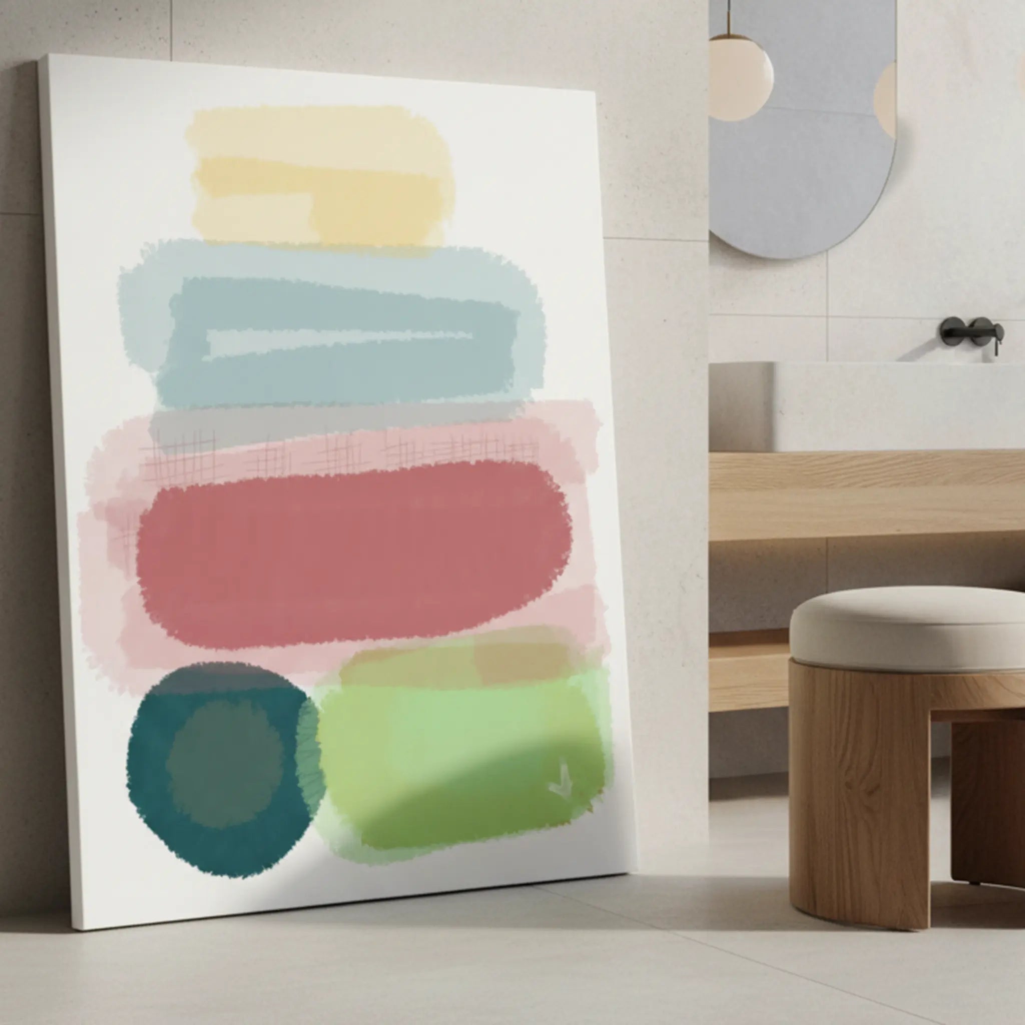 Freebrd "Geo Req" unframed minimalist canvas art, 30x40 vertical, 1.25" thick white-wrapped edges, displayed in spa bathroom setting — size reference featuring soft stacked abstract forms in butter yellow, danish blue, dusty rose, teal, and lime green.