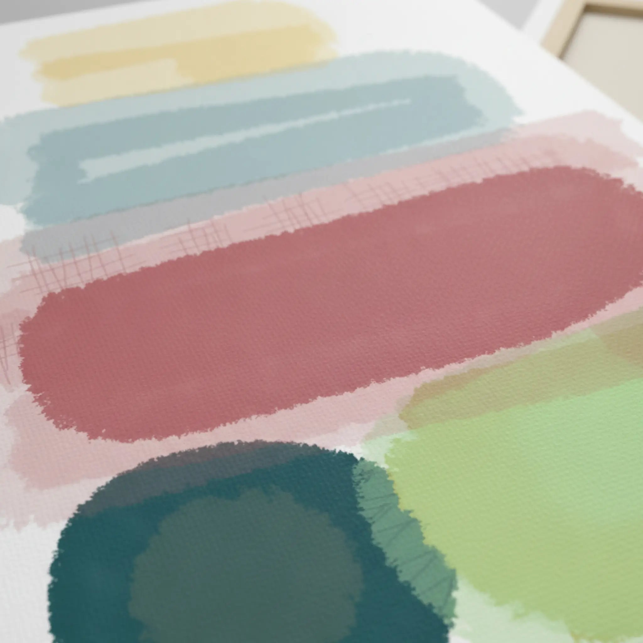 Close-up macro texture of Freebrd "Geo Req" unframed minimalist canvas art, 30x40 vertical, 1.25" thick, soft watercolor-like stacked geometric forms — butter yellow, danish blue, dusty rose, deep teal, and fresh lime green on white.