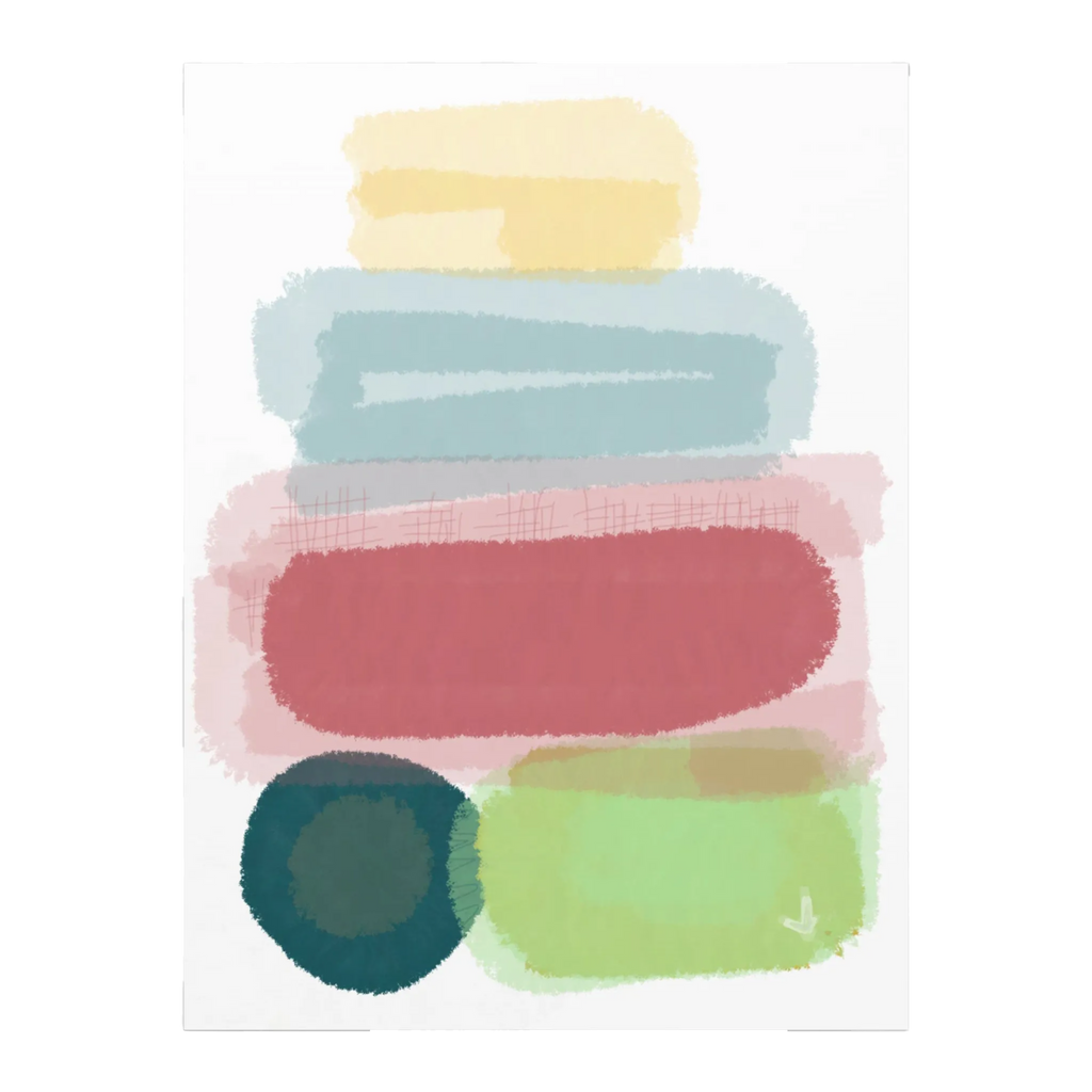 A front preview of the Freebrd "Geo Req” 30x40 Modern Pastel Minimalist Wall Art on a 1.25 inch thick canvas showing an abstract folded towel artwork with fresh green, danish blue, adore pink, abstract teal and butter yellow designs.