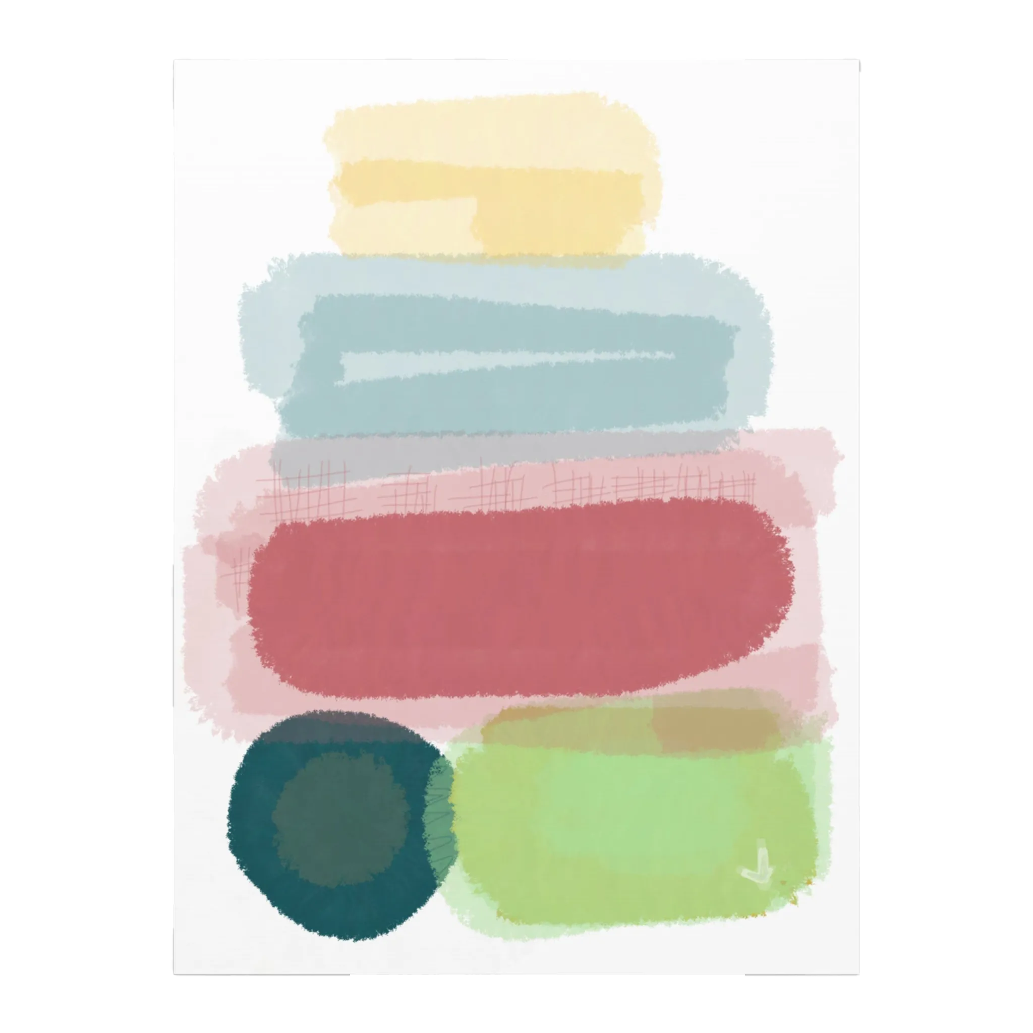 A front preview of the Freebrd "Geo Req” 30x40 Modern Pastel Minimalist Wall Art on a 1.25 inch thick canvas showing an abstract folded towel artwork with fresh green, danish blue, adore pink, abstract teal and butter yellow designs. 