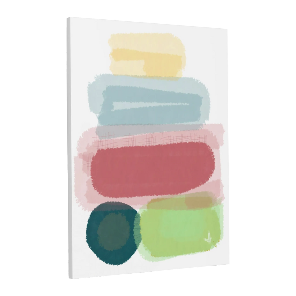 A side preview of the Freebrd "Geo Req” 30x40 Modern Pastel Minimalist Wall Art on a 1.25 inch thick canvas showing an abstract folded towel artwork with fresh green, danish blue, adore pink, abstract teal and butter yellow designs.