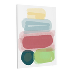 A side preview of the Freebrd "Geo Req” 30x40 Modern Pastel Minimalist Wall Art on a 1.25 inch thick canvas showing an abstract folded towel artwork with fresh green, danish blue, adore pink, abstract teal and butter yellow designs.