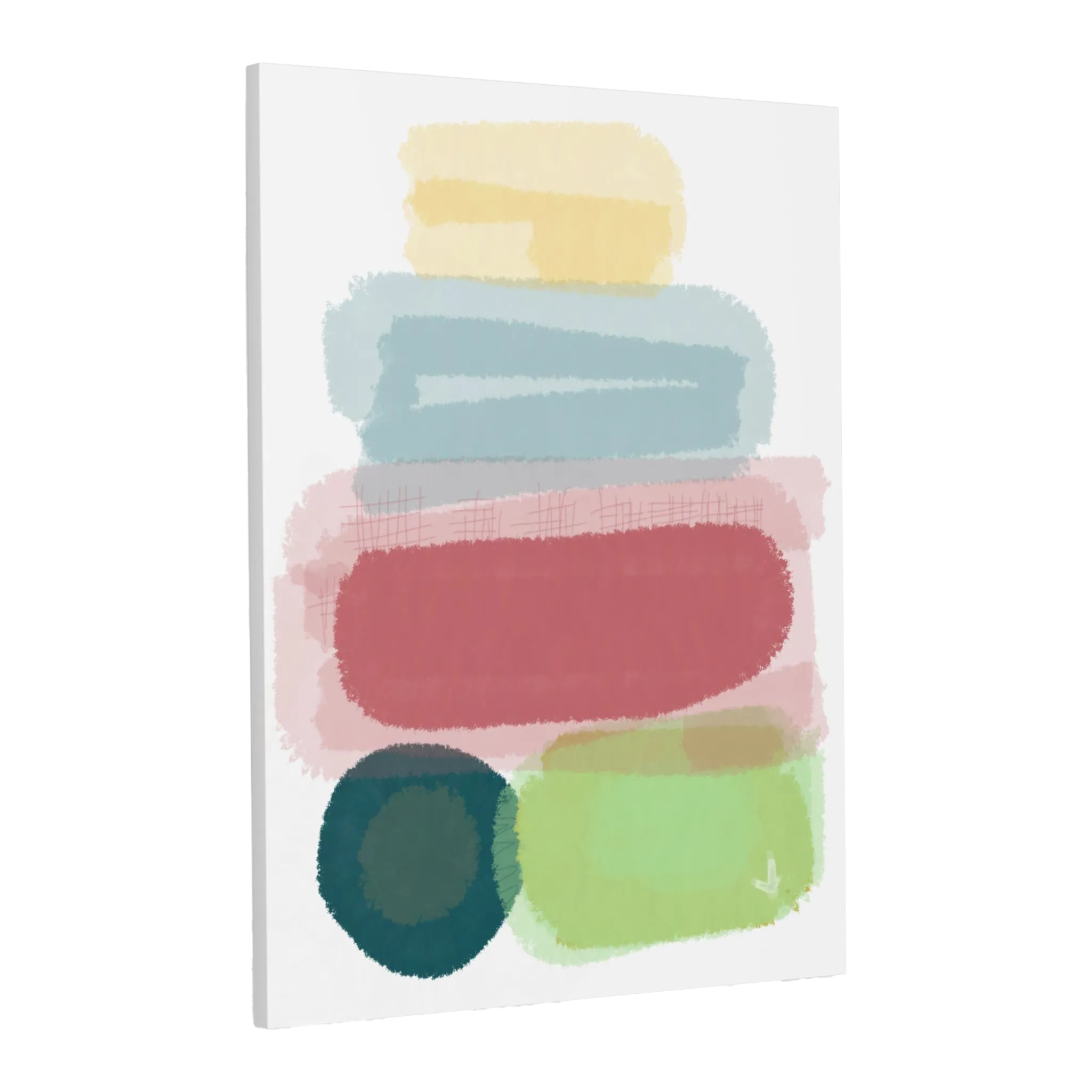 A side preview of the Freebrd "Geo Req” 30x40 Modern Pastel Minimalist Wall Art on a 1.25 inch thick canvas showing an abstract folded towel artwork with fresh green, danish blue, adore pink, abstract teal and butter yellow designs. 
