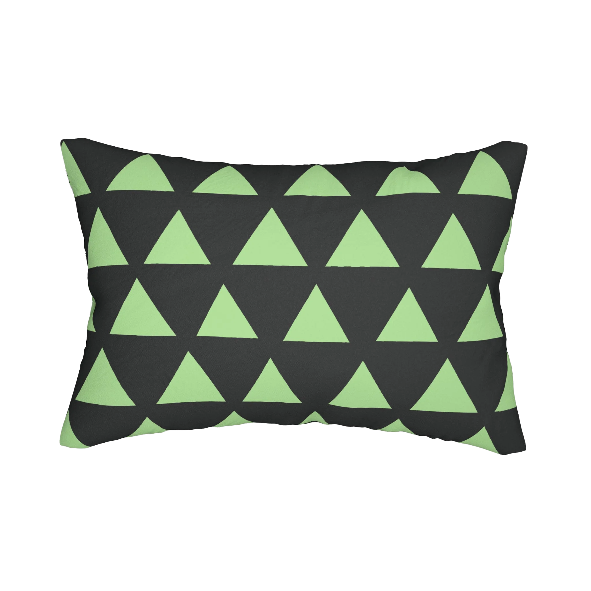 Geometric fresh green mint triangle lumbar pillow, back view.