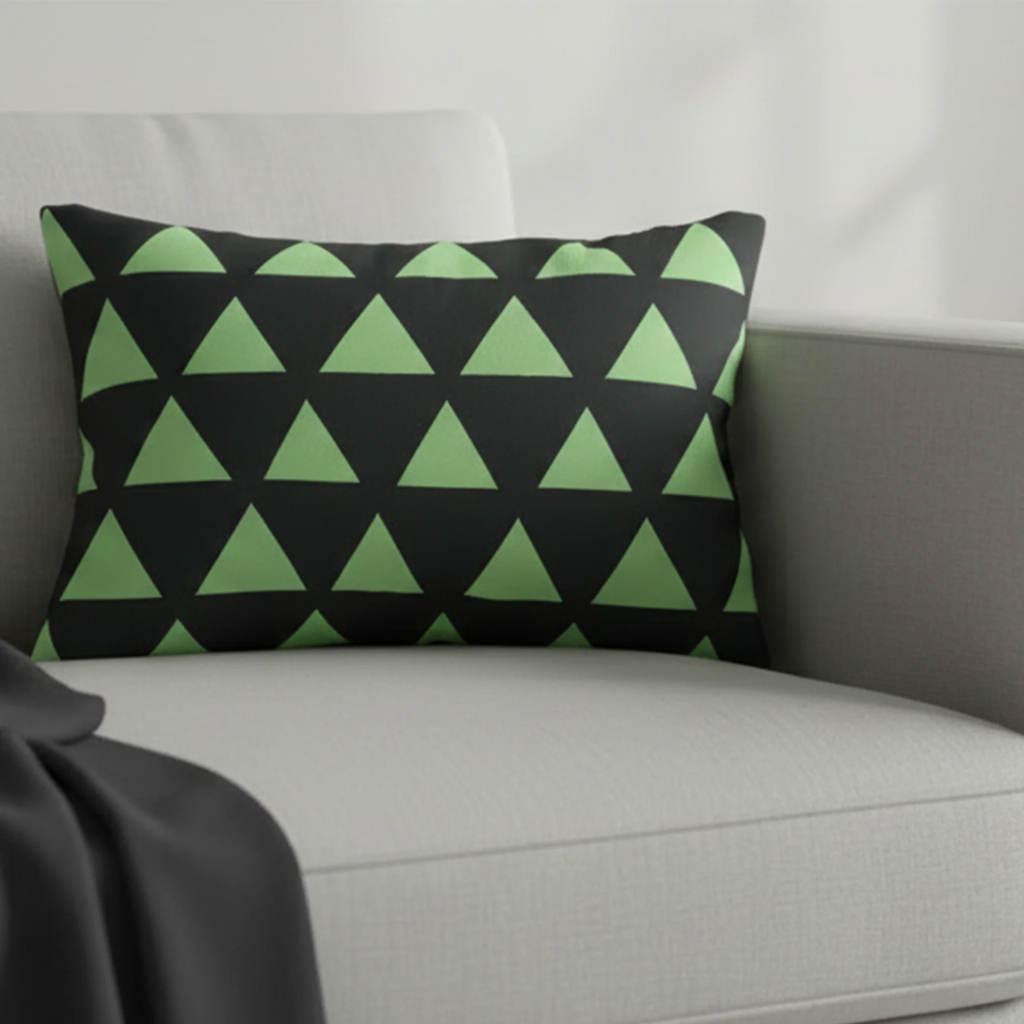 Geometric fresh green mint triangle lumbar pillow styled on a couch in a modern living room.
