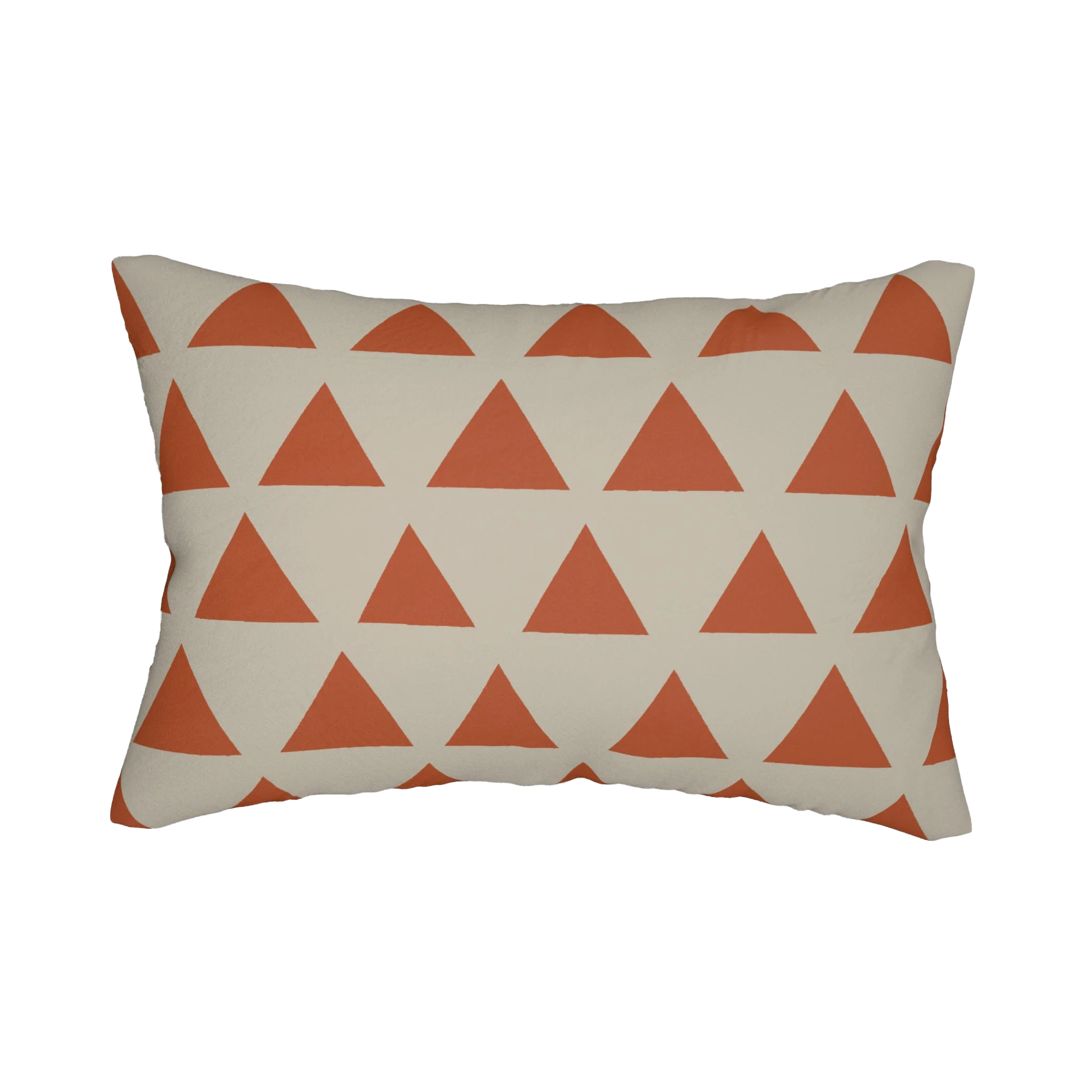 Geometric terracotta triangle lumbar pillow, back view.