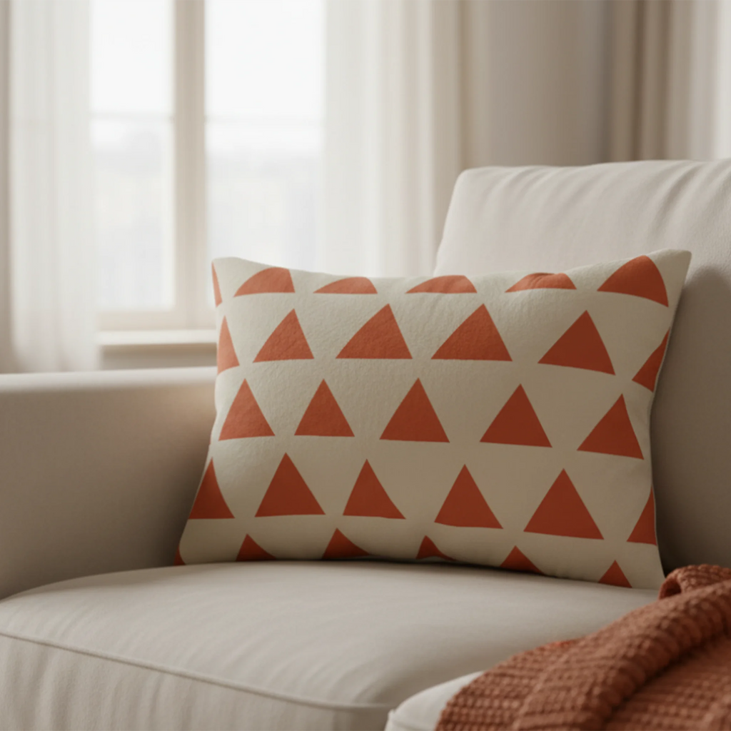 Geometric terracotta triangle lumbar pillow styled on a couch in a modern living room.