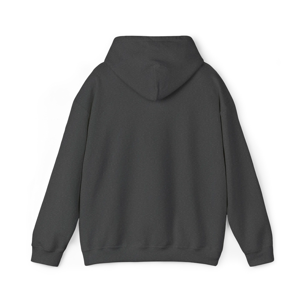 Dark grey heather pullover hoodie with a plain back, hood and ribbed cuffs and hem, rear view.