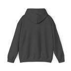 Dark grey heather pullover hoodie with a plain back, hood and ribbed cuffs and hem, rear view.
