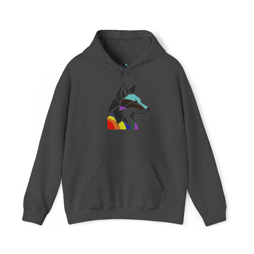 Dark grey heather pullover hoodie with a geometric wolf head graphic in black and multicolored Pride accents above a kangaroo pocket, front view.