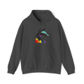 Dark grey heather pullover hoodie with a geometric wolf head graphic in black and multicolored Pride accents above a kangaroo pocket, front view.