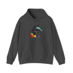 Dark grey heather pullover hoodie with a geometric wolf head graphic in black and multicolored Pride accents above a kangaroo pocket, front view.