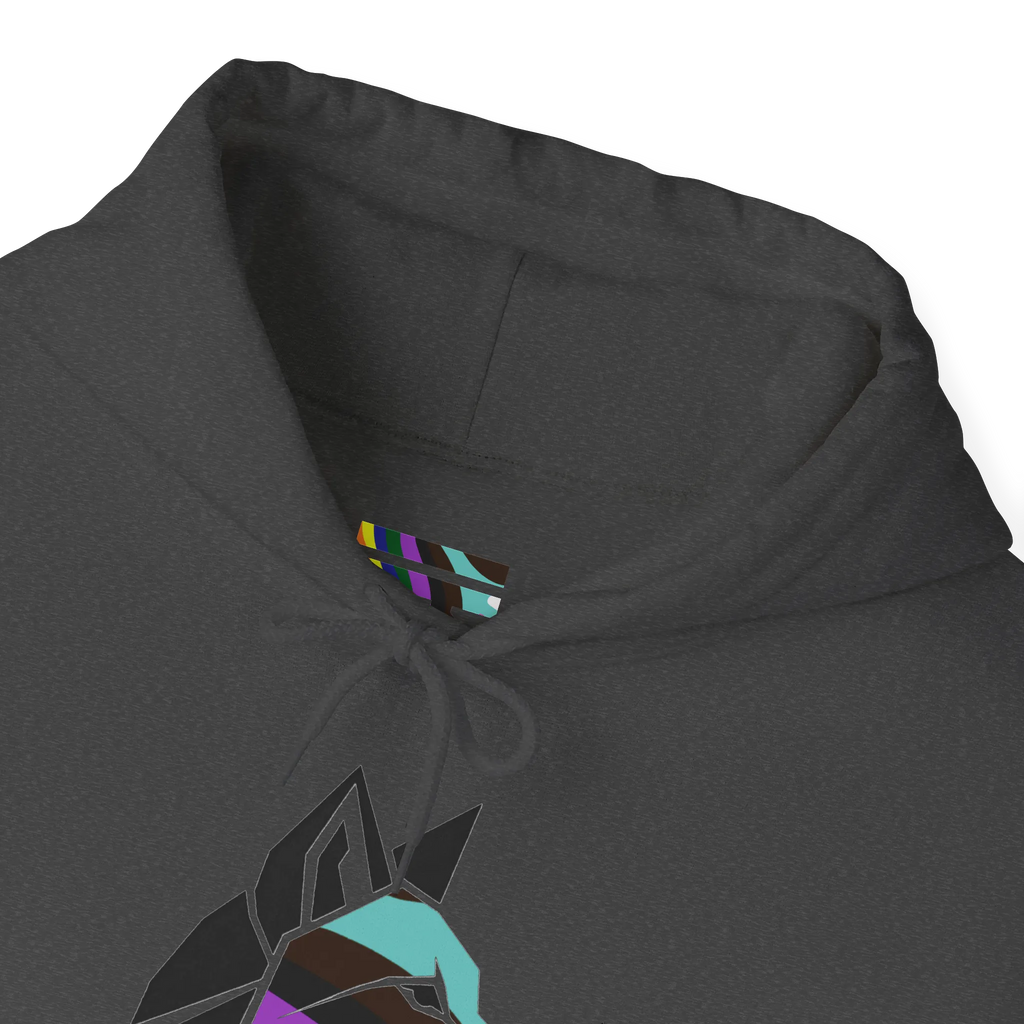 Close-up of a dark grey heather hoodie neckline showing a multicolored LGBTQIA Pride inner-neck logo, matching drawstrings and part of the geometric wolf graphic.