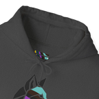 Close-up of a dark grey heather hoodie neckline showing a multicolored LGBTQIA Pride inner-neck logo, matching drawstrings and part of the geometric wolf graphic.