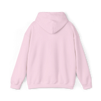 Light pink pullover hoodie with a plain back, hood and ribbed cuffs and hem, rear view.