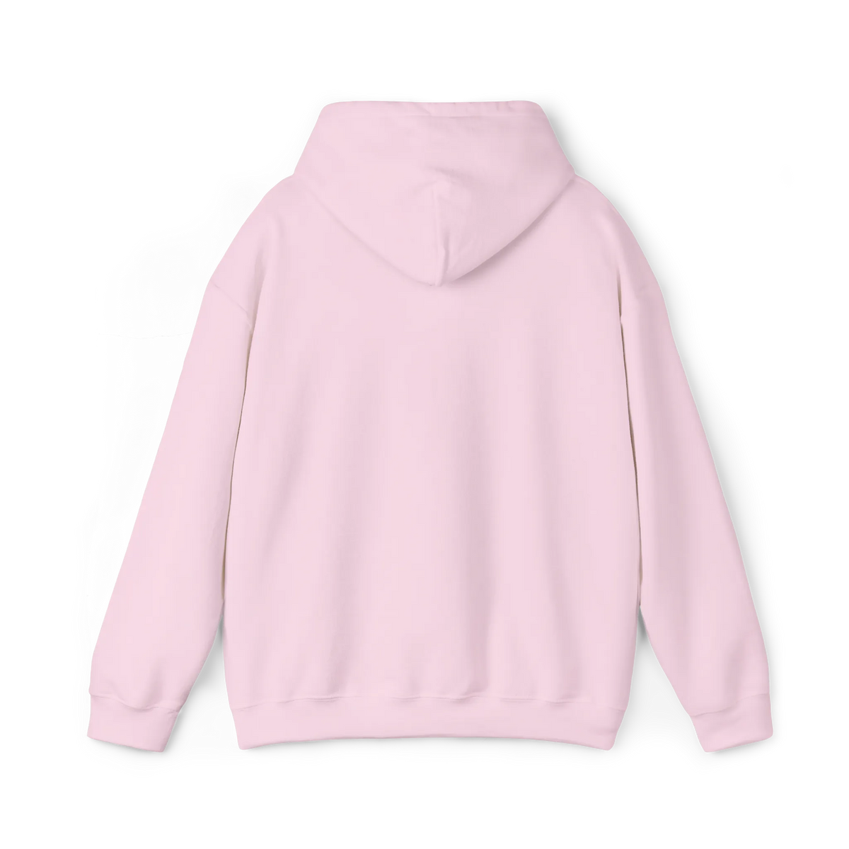 Light pink pullover hoodie with a plain back, hood and ribbed cuffs and hem, rear view.