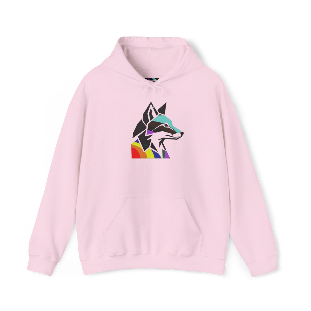 Light pink pullover hoodie with a geometric wolf head graphic in black and multicolored Pride accents above a kangaroo pocket, front view.