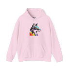 Light pink pullover hoodie with a geometric wolf head graphic in black and multicolored Pride accents above a kangaroo pocket, front view.