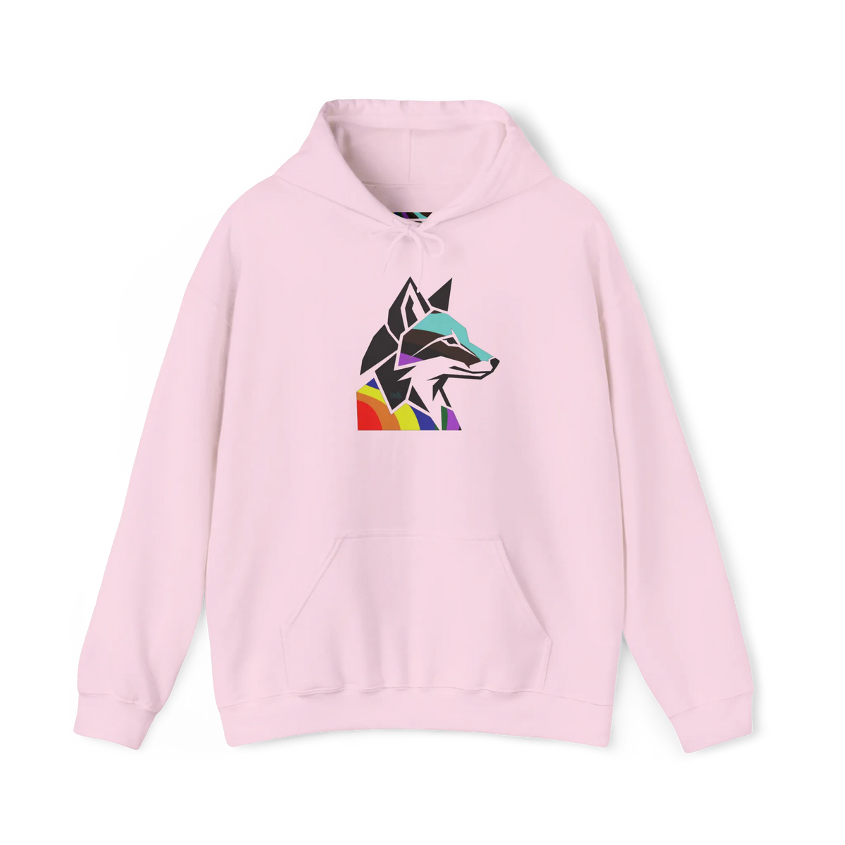 Light pink pullover hoodie with a geometric wolf head graphic in black and multicolored Pride accents above a kangaroo pocket, front view.