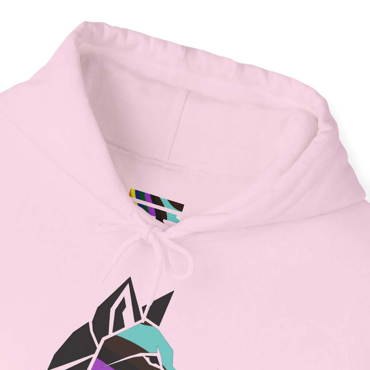 Close-up of a light pink hoodie neckline showing a multicolored FREEBRD LGBTQIA Pride inner-neck logo, matching drawstrings and part of the geometric wolf graphic.