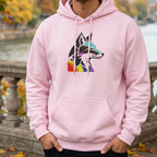 Model wearing a light pink hoodie with a multicolored geometric wolf chest graphic beside a riverside railing and autumn trees.